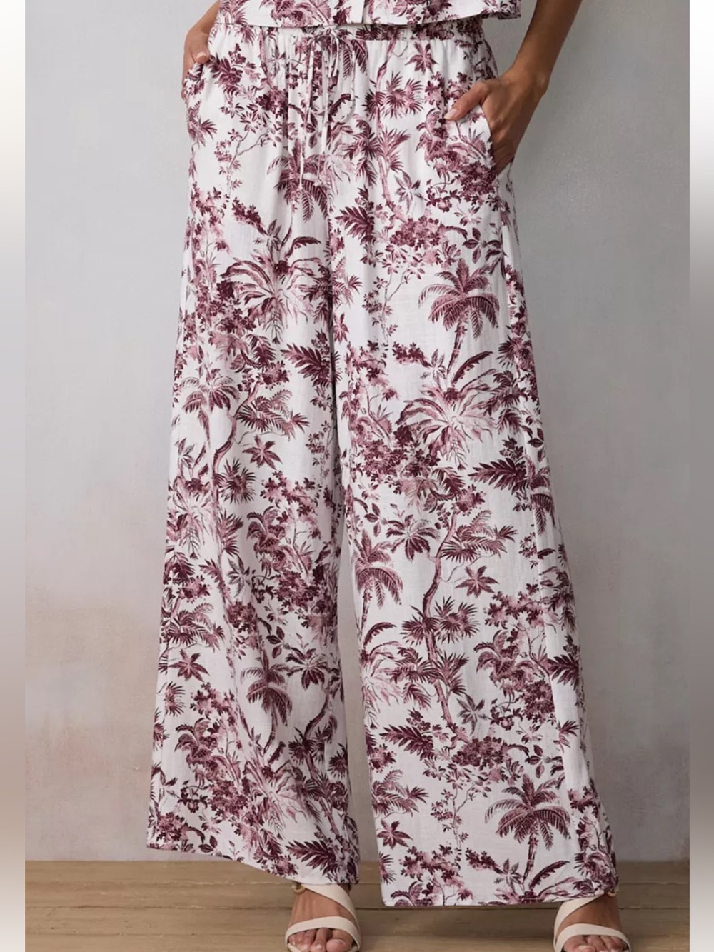 LC Lauren Conrad White Wide Leg Pants with Burgundy Floral Print